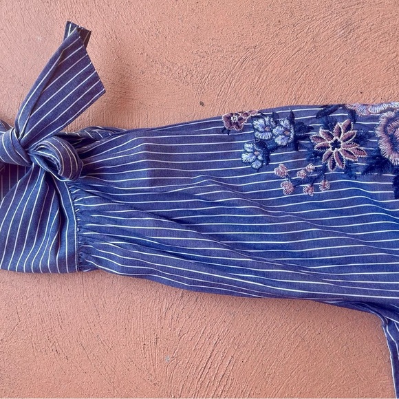 American Eagle Outfitters Striped Embroidered Floral Boho Top - Blue and Pink - Picture 5 of 13